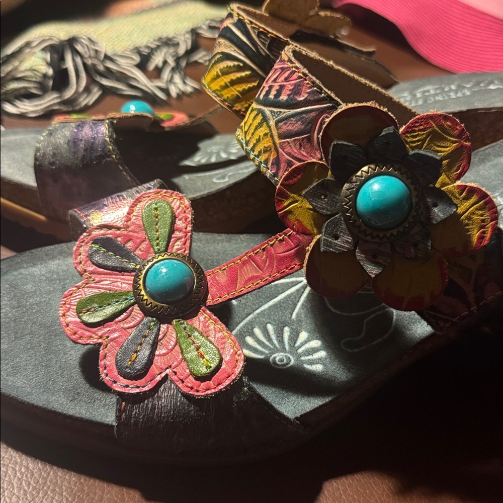 NWOB Spring Step L'Artiste Floral Embellished Sandals Leather & Cork 42(10.5-11) - Picture 4 of 11